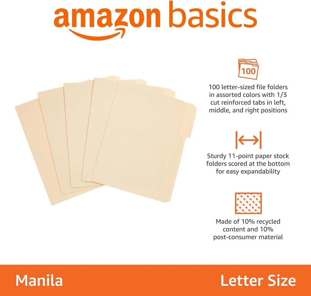 Amazon Basics Sturdy File Folders with Reinforced Tabs for Filing and Organization