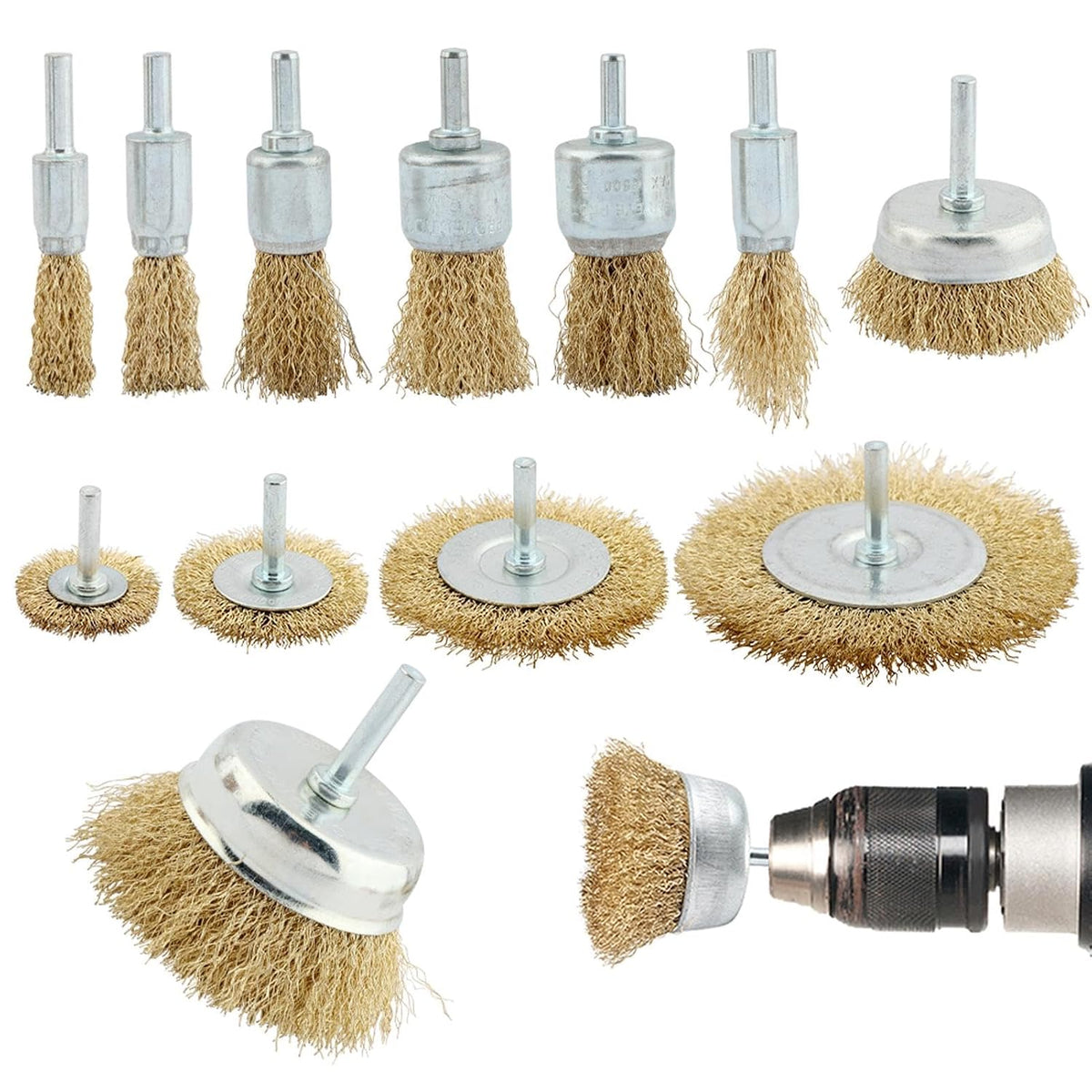 12Pcs Metal Carbon Steel Wire Wheel for Drill Set, Removing Paint and Rust