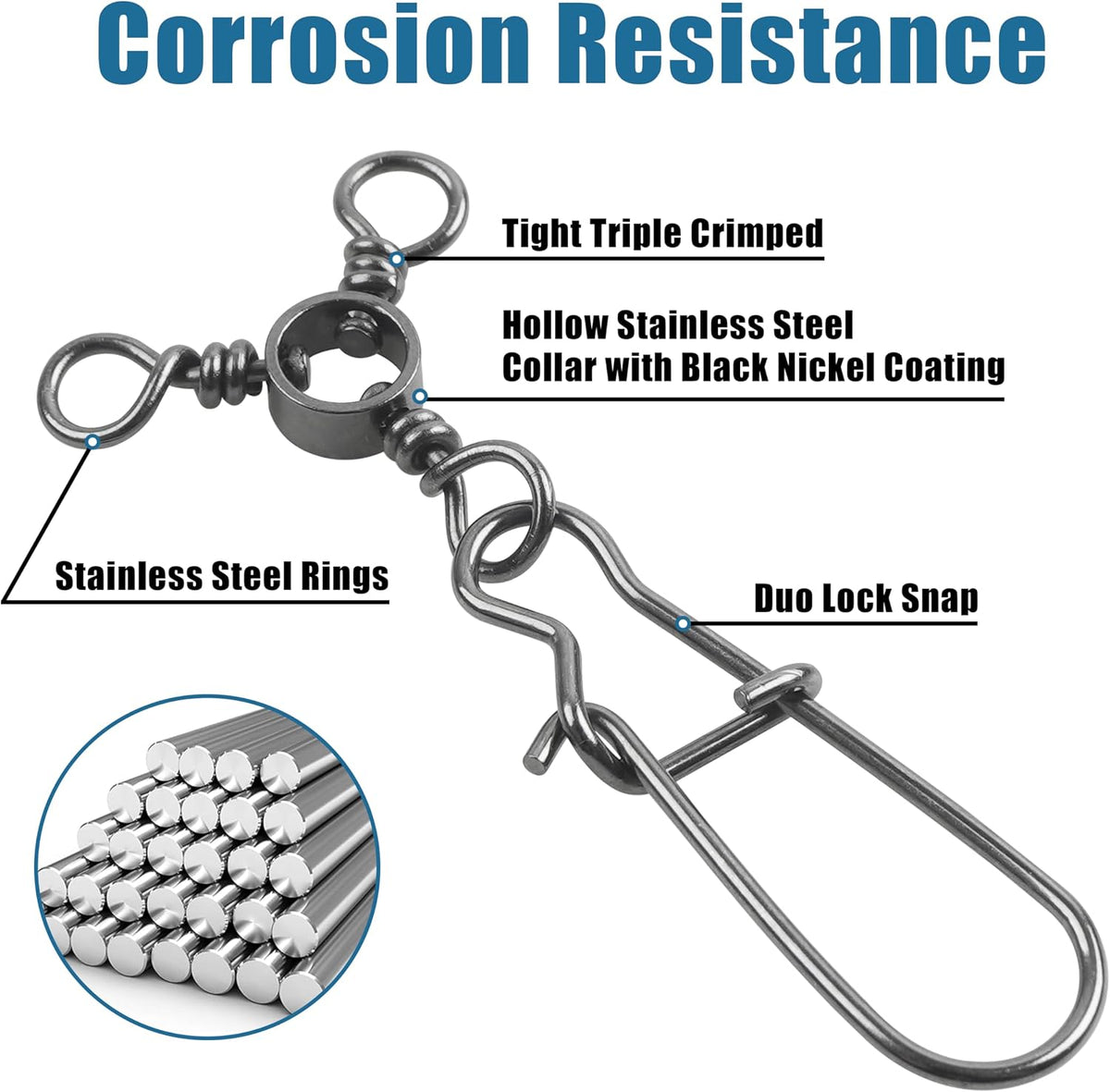 3 Way Snap Swivels 60PCS Fishing Swivel Tackles with Stainless Steel Duo Lock Snaps