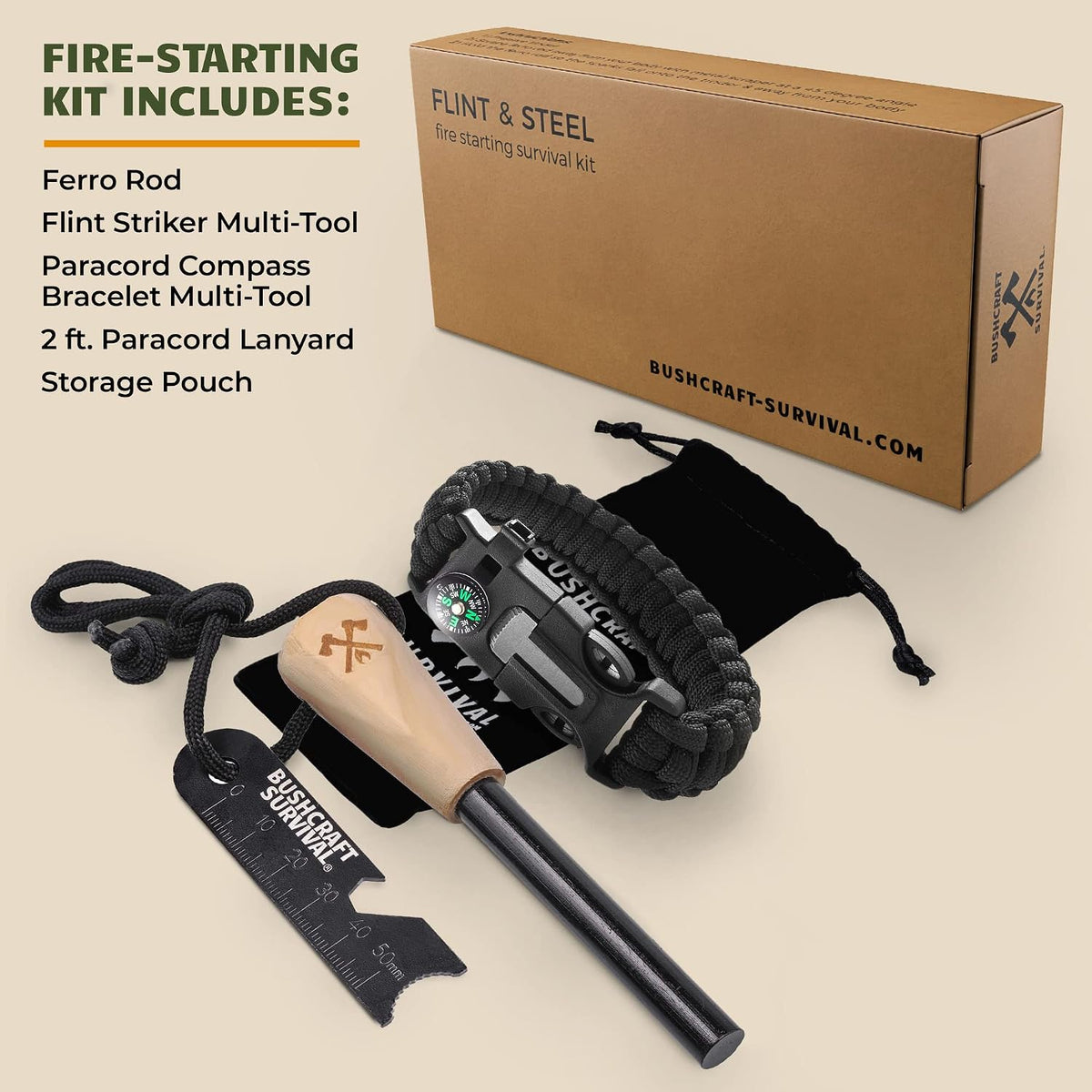 Bushcraft Survival Ferro Rod Fire Starter Kit & Backpacking Multitool | Flint and Steel