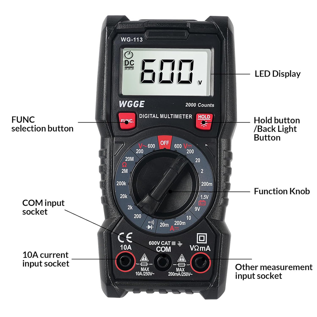 Digital Multimeter, 2000 Counts, CAT III 600V, AC/DC Voltage and DC Current