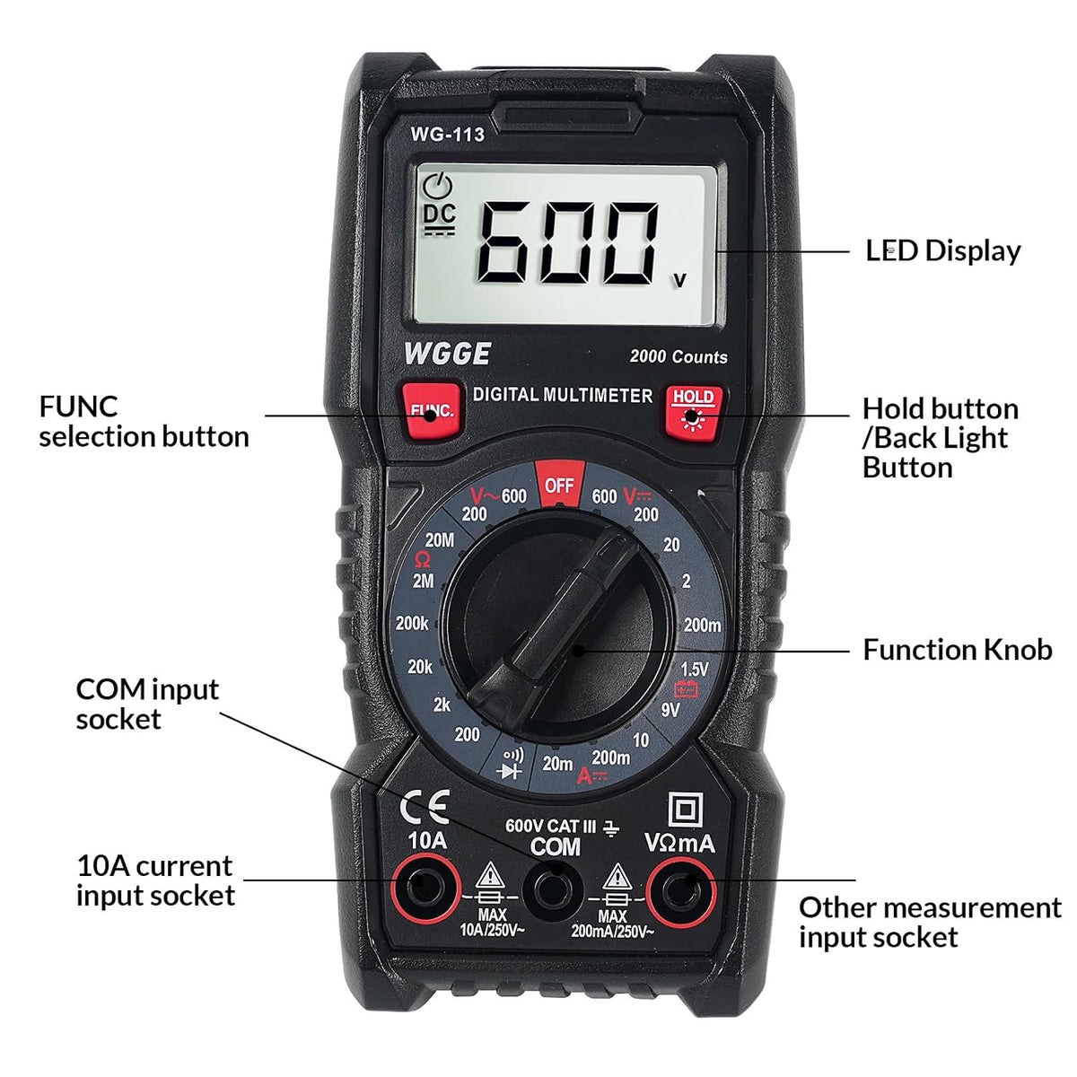 Digital Multimeter, 2000 Counts, CAT III 600V, AC/DC Voltage and DC Current