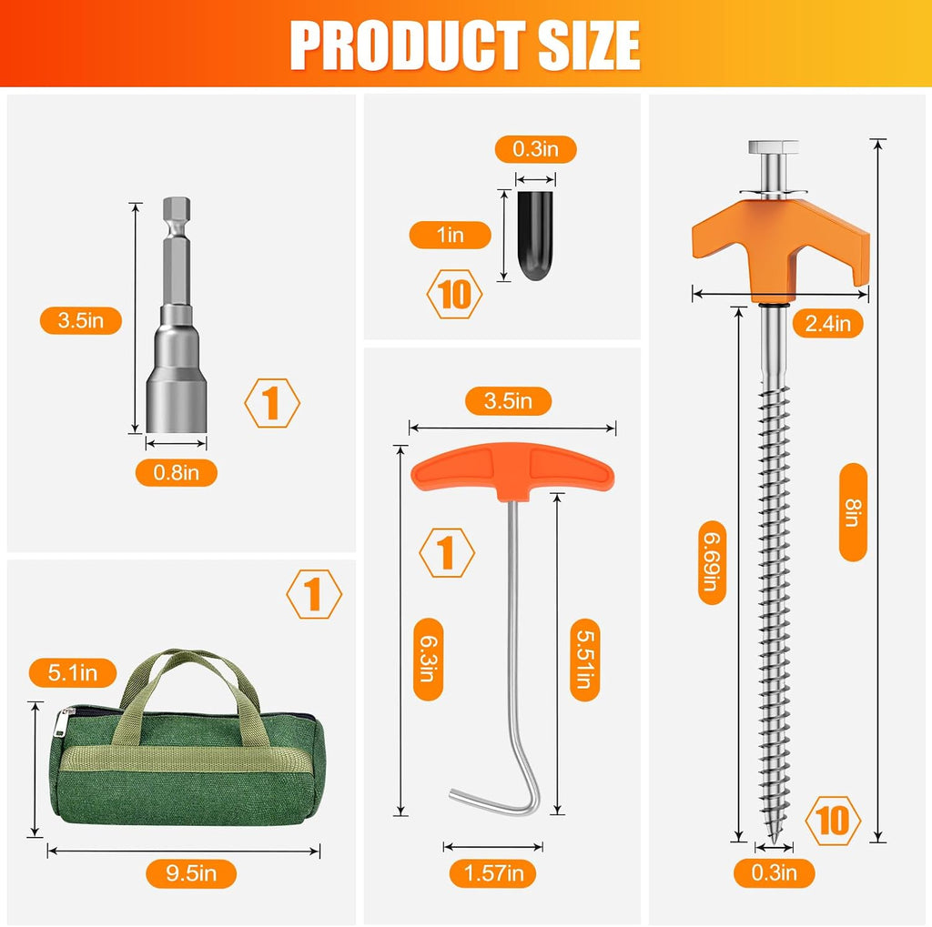 10 Pack 8 Inch Tent Stakes Heavy Duty, Screw in Tent Stakes with Storage Bag and Hex Head