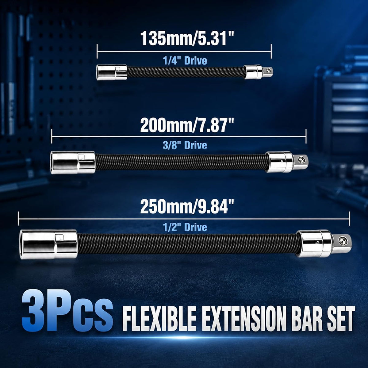 3Pcs Flexible Socket Extension Set - 1/4" 3/8" 1/2" Shaft Drive 10" 8" 6"