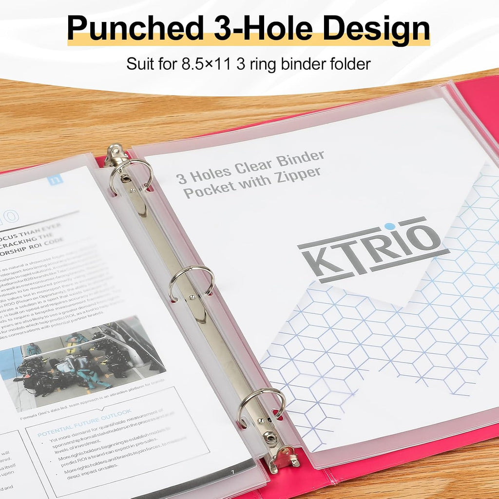 KTRIO 12 Pack Binder Pockets, 8.5 x 11 Zipper Pouches for 3 Ring Binders