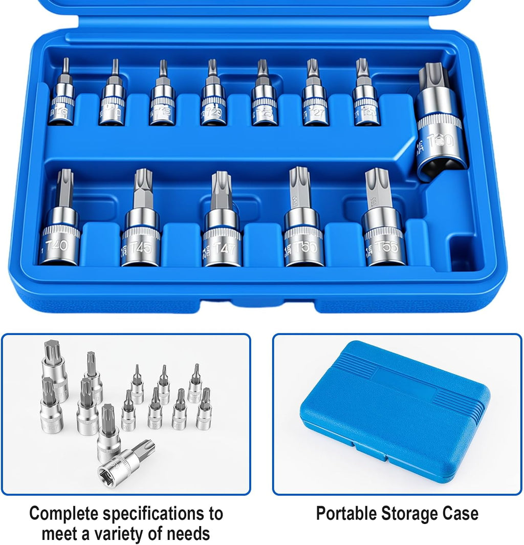 13-Piece Torx Bit Socket Set, T8-T60 Star Bit Sockets