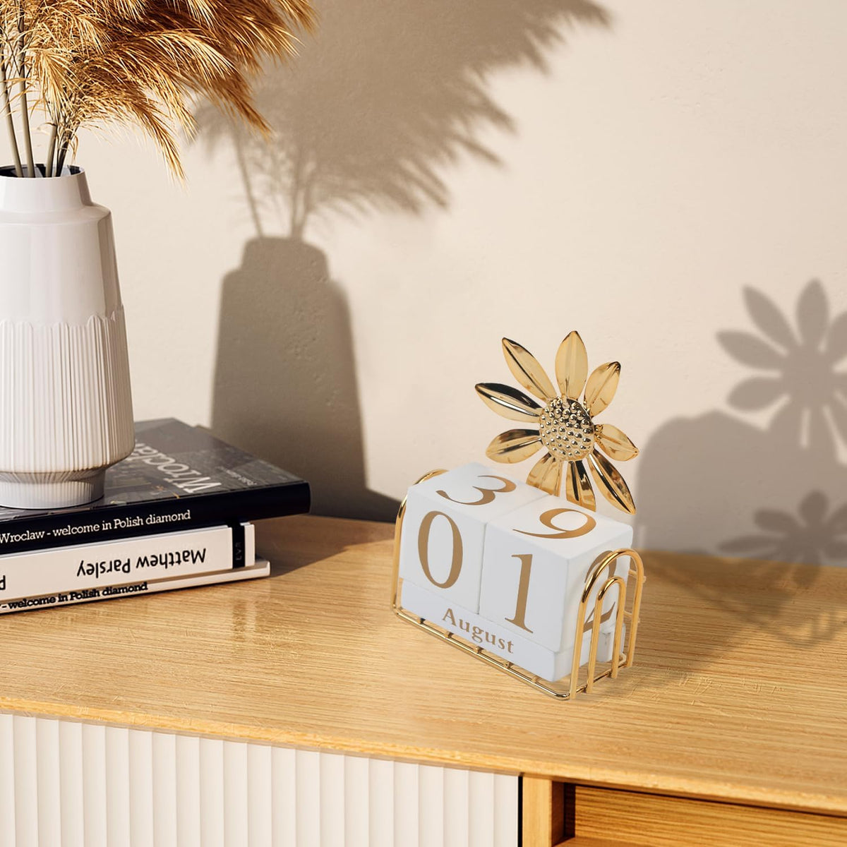 1 Set Wooden Block Calendar for Desk Perpetual Calendar Sunflower