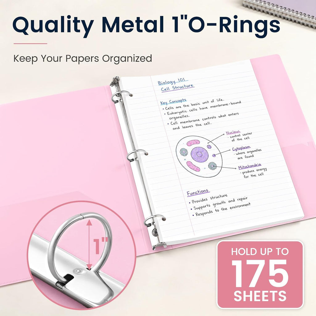 Sooez 1 Inch Binders 3 Ring, 4 Pack Lightweight Binders with Slim Flexible PP Covers