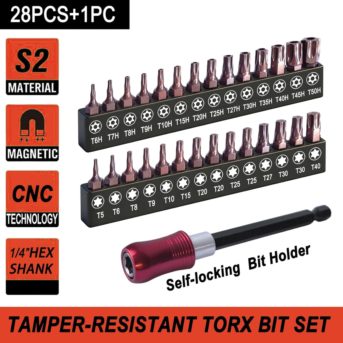 Torx Bit Set 28+1pcs (T5-T50), 1/4 Hex-Shank S2 Steel Security Torx Bit Set