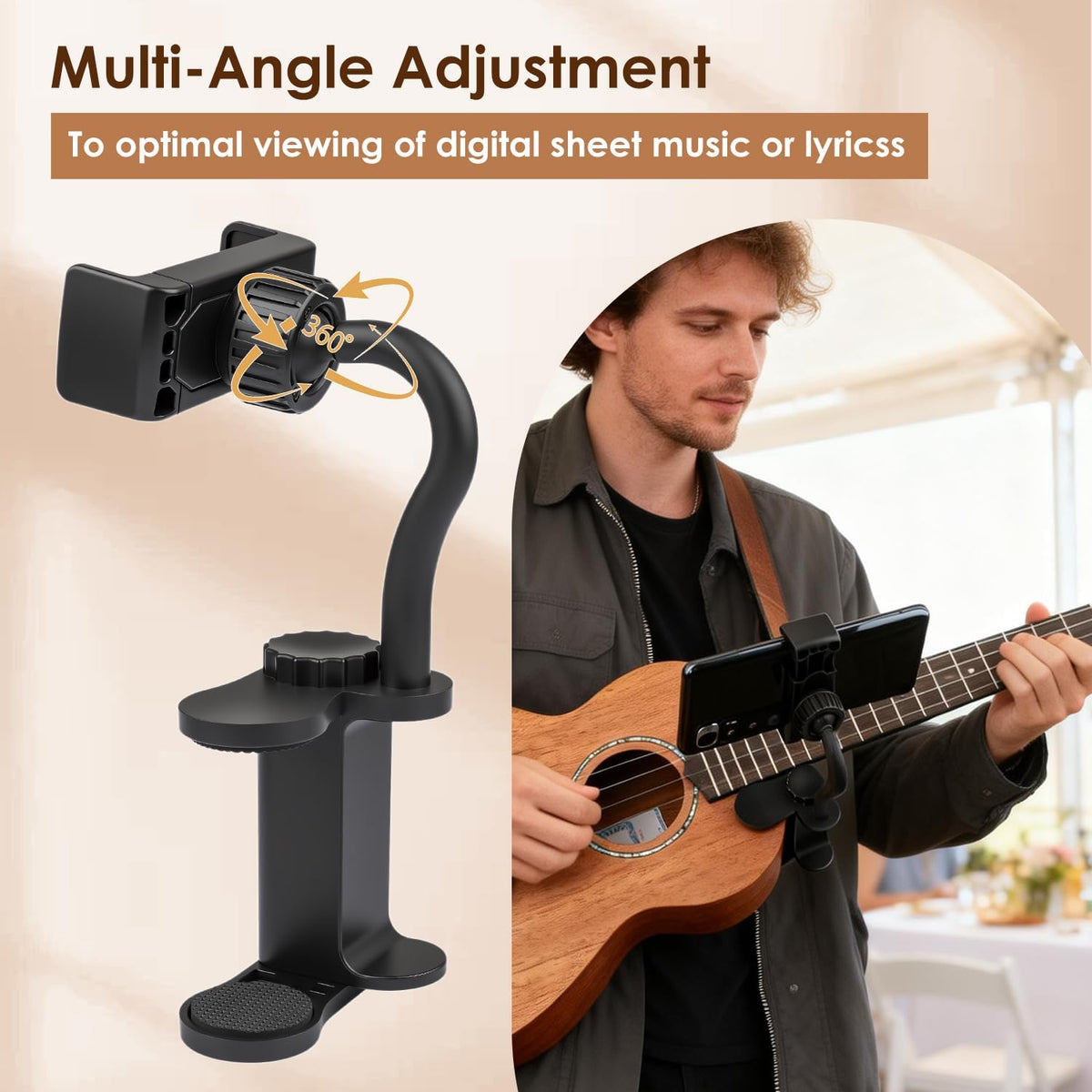 3-in-1 Guitar Phone Holder, String Winder Cutter & Picks, Universal Stand