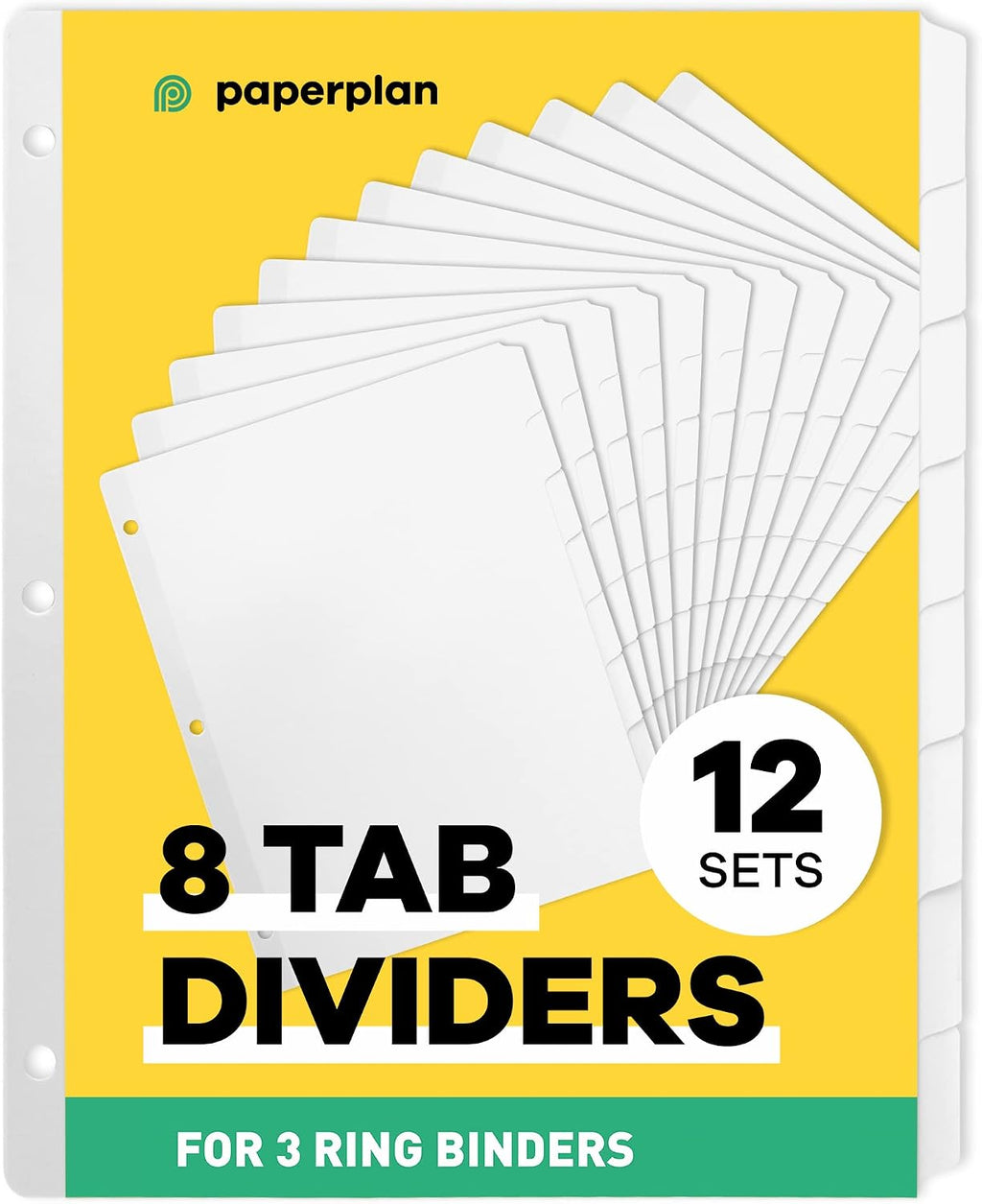 Binder Dividers with Tabs - (Set of 12) x 8-Tab Dividers for 3 Ring Binders, White