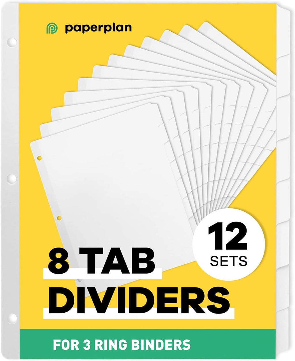 Binder Dividers with Tabs - (Set of 12) x 8-Tab Dividers for 3 Ring Binders, White
