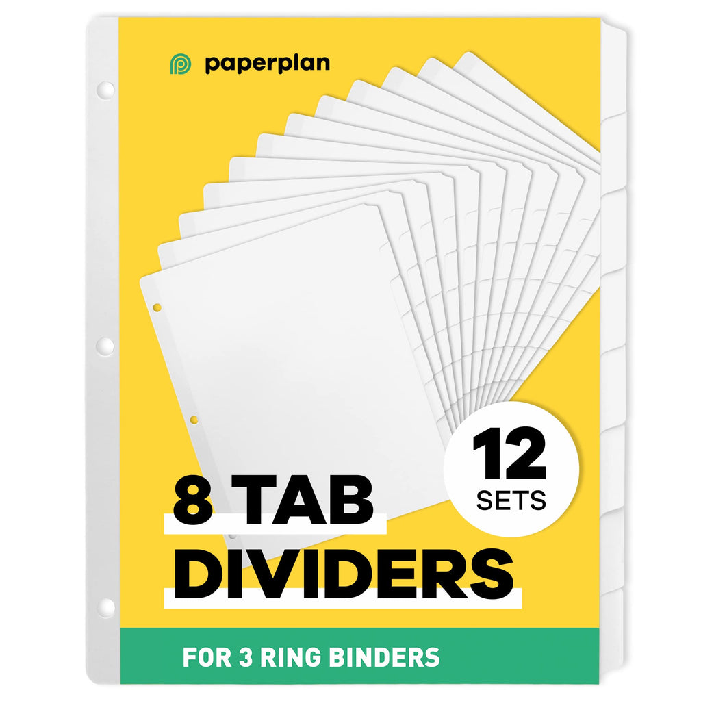 Binder Dividers with Tabs - (Set of 12) x 8-Tab Dividers for 3 Ring Binders, White