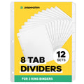 Binder Dividers with Tabs - (Set of 12) x 8-Tab Dividers for 3 Ring Binders, White