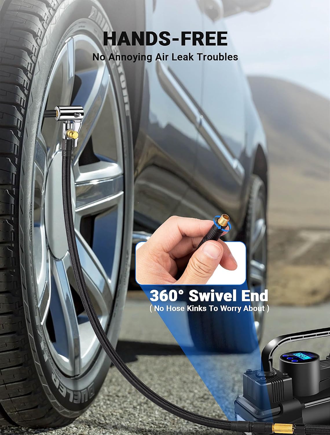 Upgraded Tire Inflator Hose Adapter w/360° Rotating End
