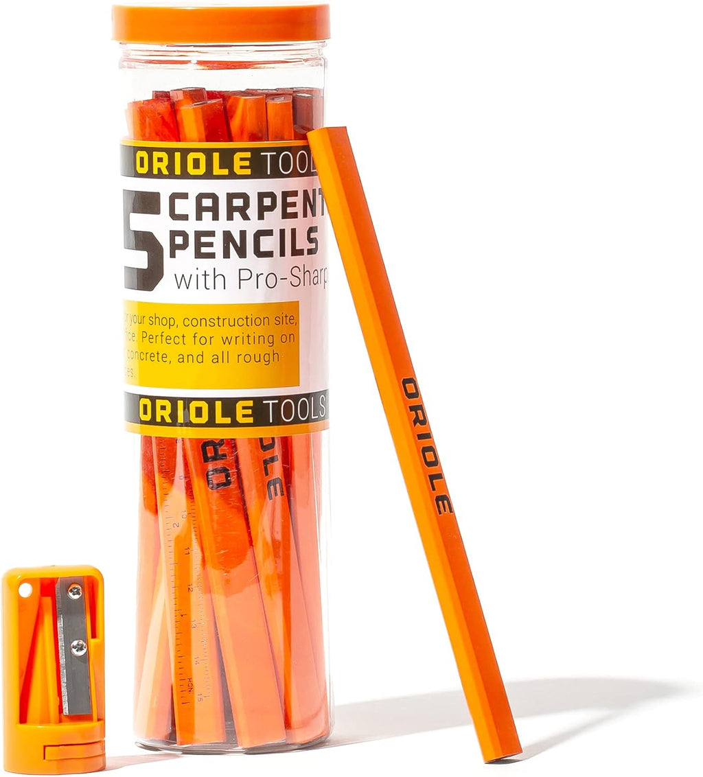Carpenter Pencils 15 Pack with Sharpener and Storage Container — Flat Construction