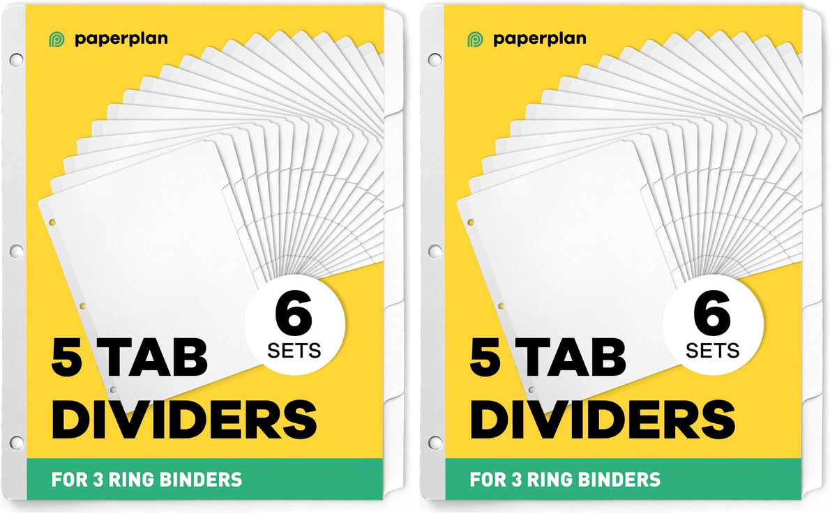 Binder Dividers with Tabs - (Set of 20) x 5 Tab Dividers for 3 Ring Binders, White