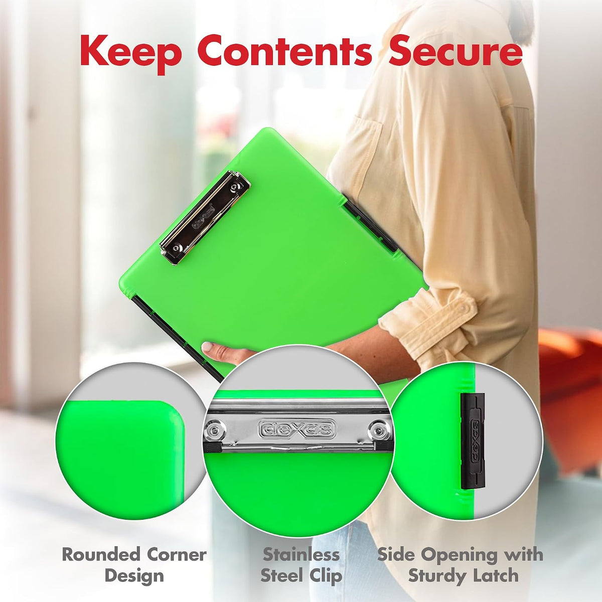 Dexas Slimcase 2 Plastic Clipboard with Storage and Side Opening, Neon Green