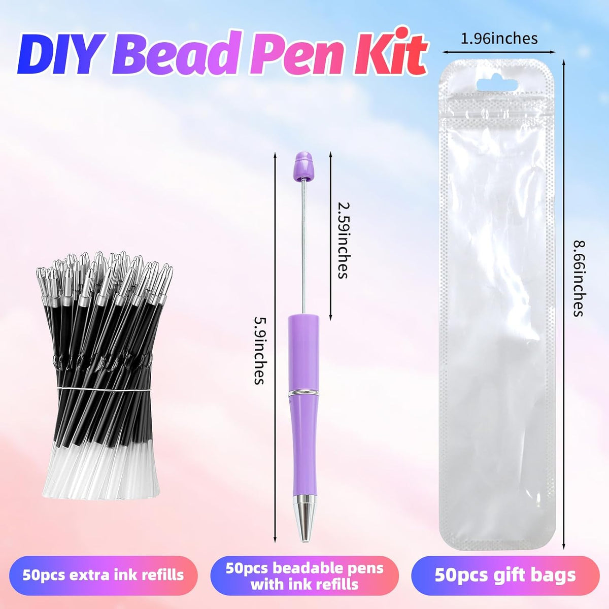 150 Pieces DIY Beadable Pen Kit – 50 Plastic Ballpoint Pens with Refills & Bags