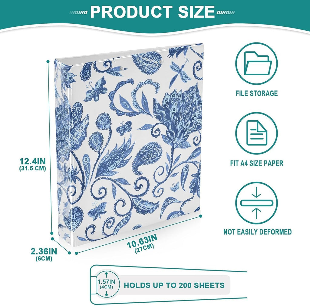 Blue White Floral 3 Ring Binders, 1.5 Inch Round Rings to Hold 200 Sheets