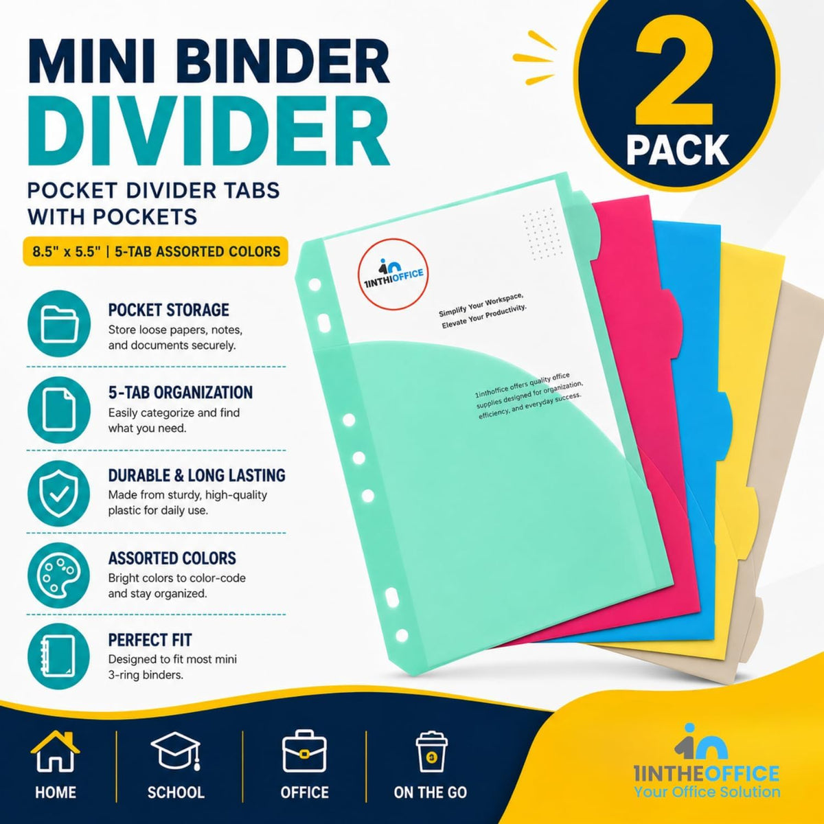 1InTheOffice Mini Binder Divider, Pocket Divider tabs with Pockets