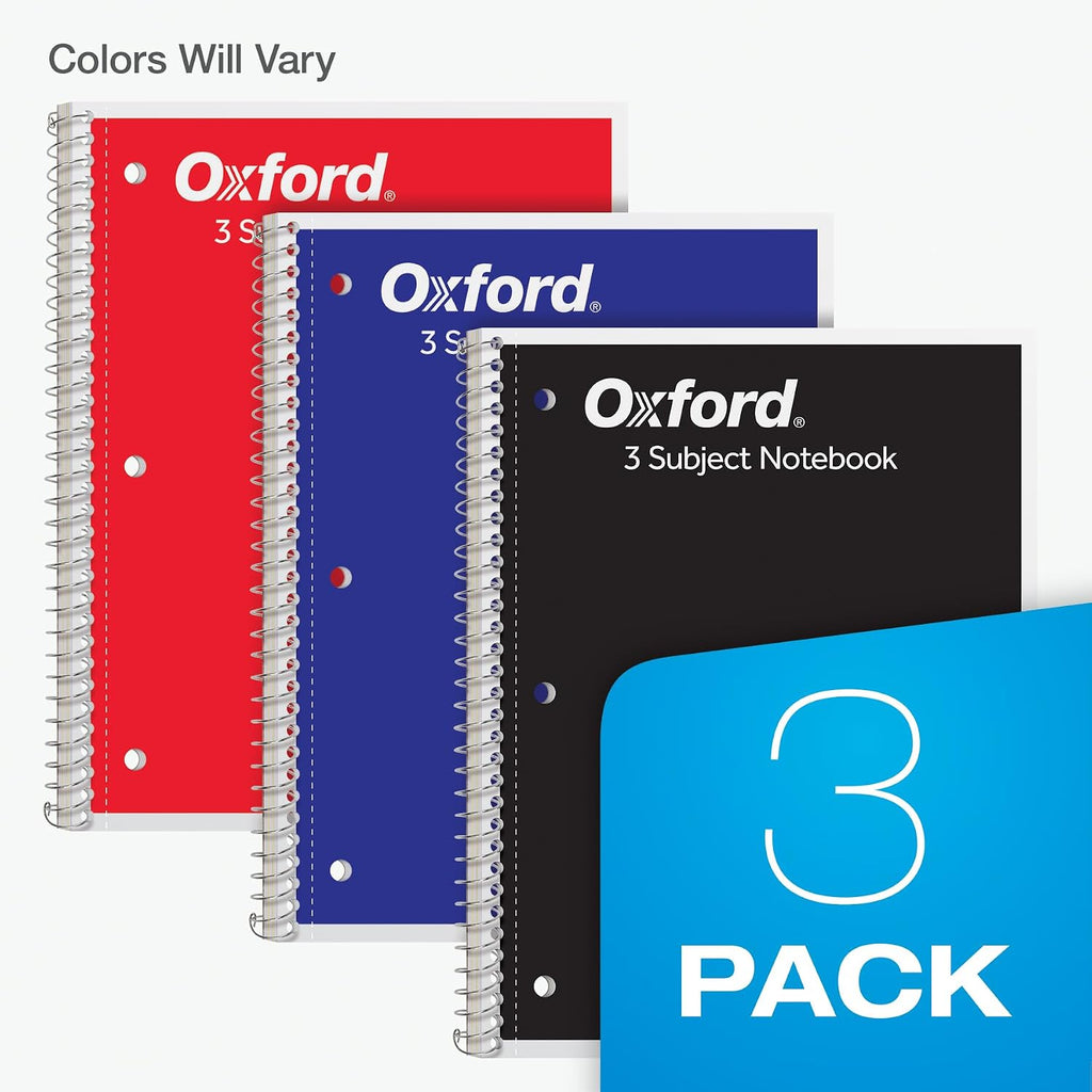 Oxford Spiral Notebooks, 3 Pack, 3 Subject, College Ruled Notebooks for School