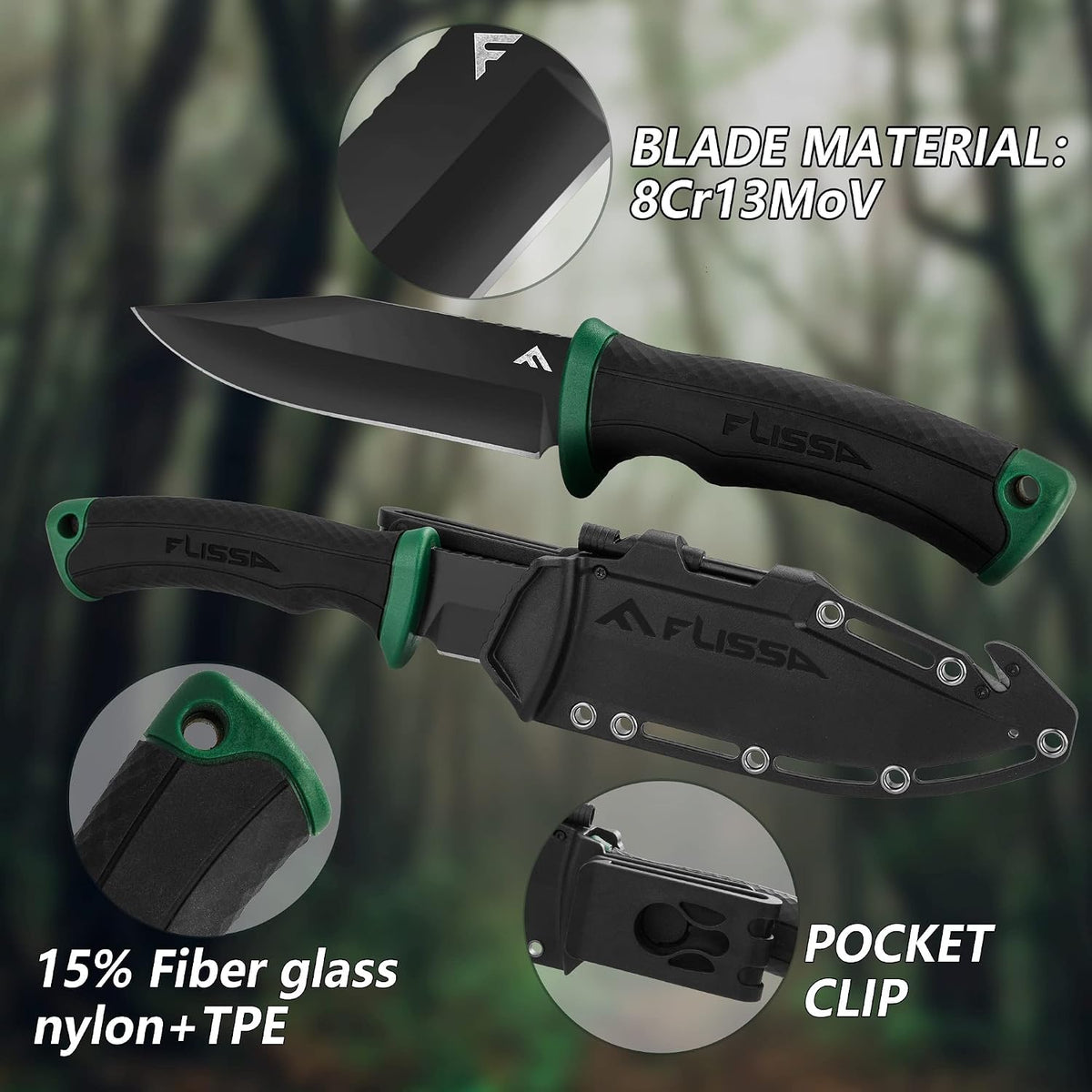 FLISSA 4-7/8 Inch Survival Knife with Sheath Fire Starter Whistle Fixed