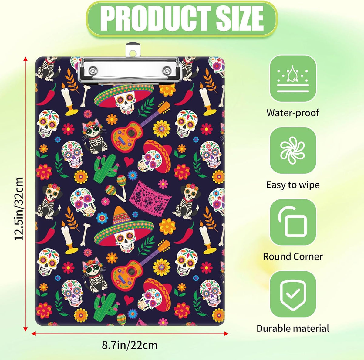 Mexican Skull Clipboard, Cute Decorative Clip Board with Metal Clip Pretty Plastic