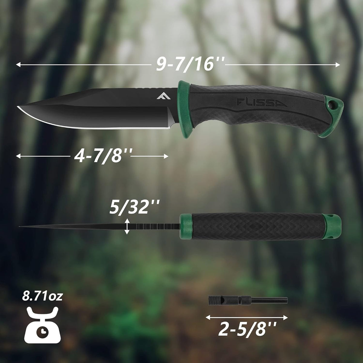 FLISSA 4-7/8 Inch Survival Knife with Sheath Fire Starter Whistle Fixed