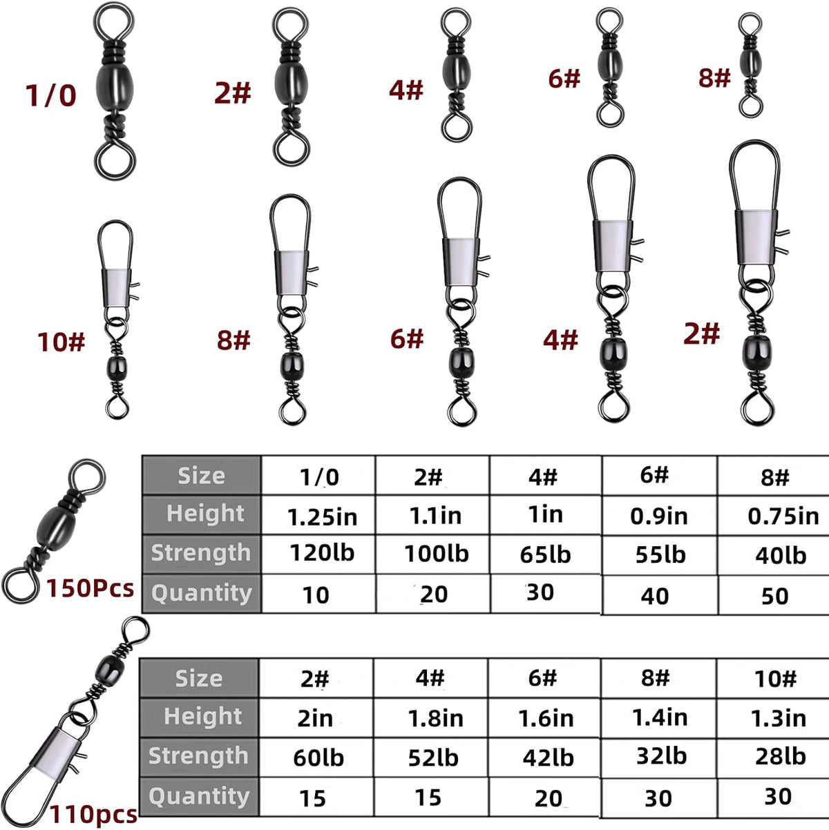 260Pcs/Box with Stainless Steel Fishing Barrel Swivels 150Pcs /Barrel Swivels with Snaps