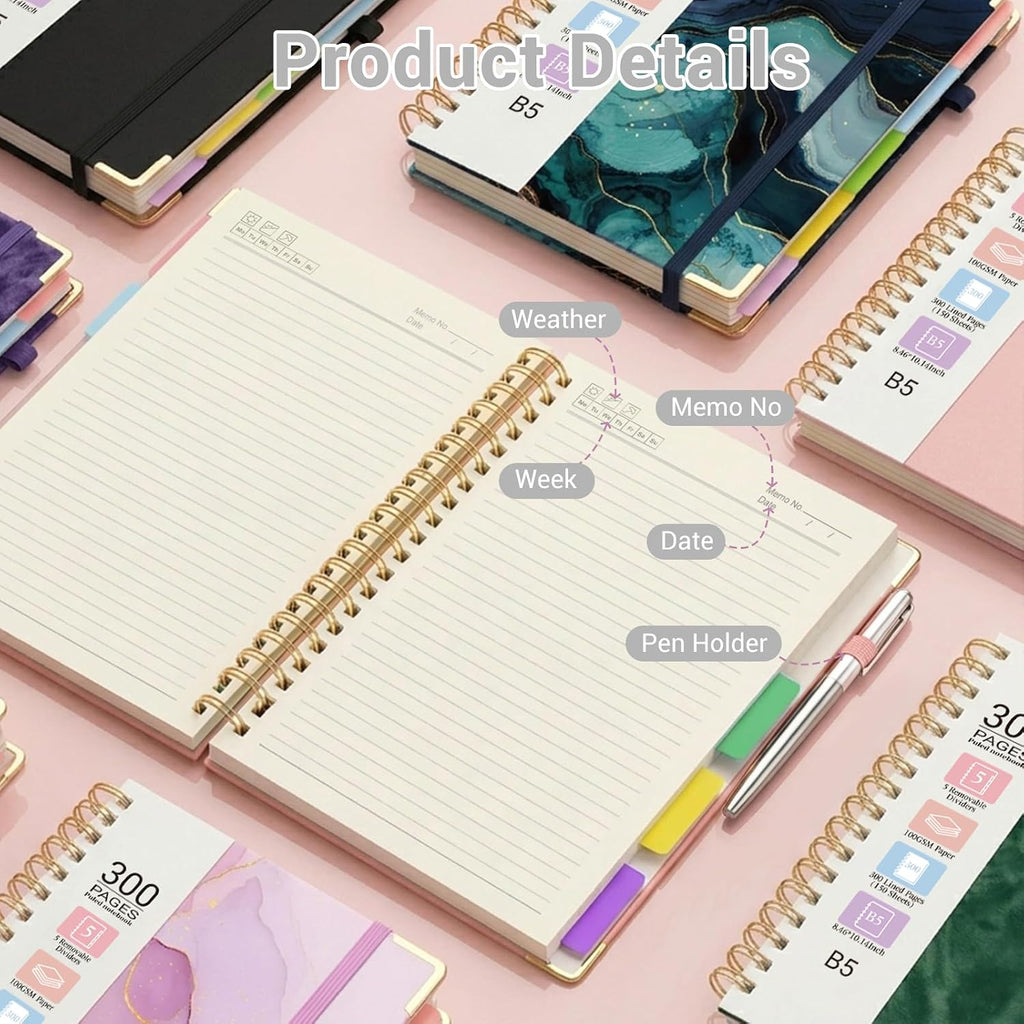 Hardcover Spiral Notebook, 5 Subject Notebook College Ruled 300 Pages