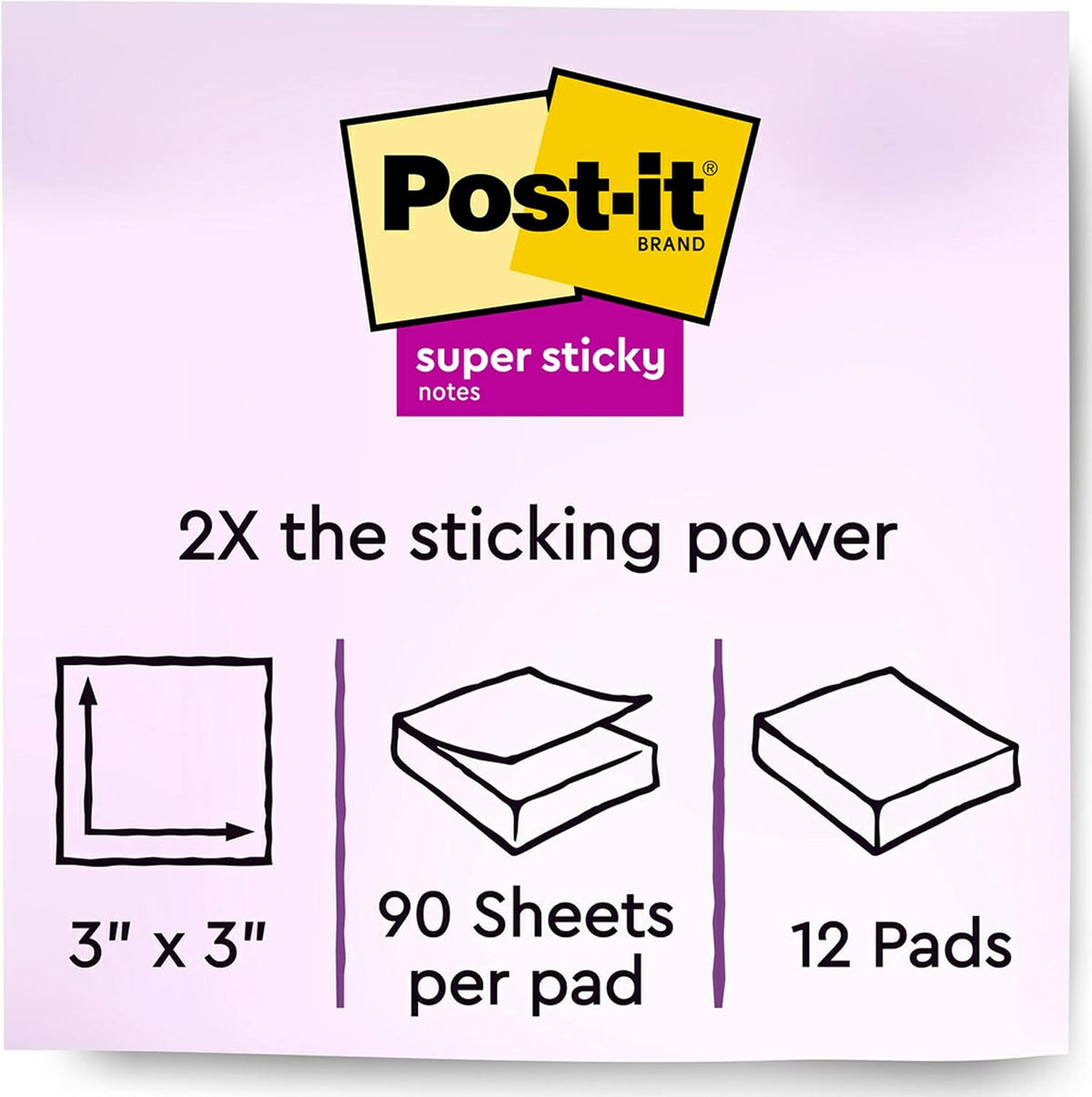 Post-it Super Sticky Notes, 12 Sticky Note Pads, 3 x 3 in., School Supplies
