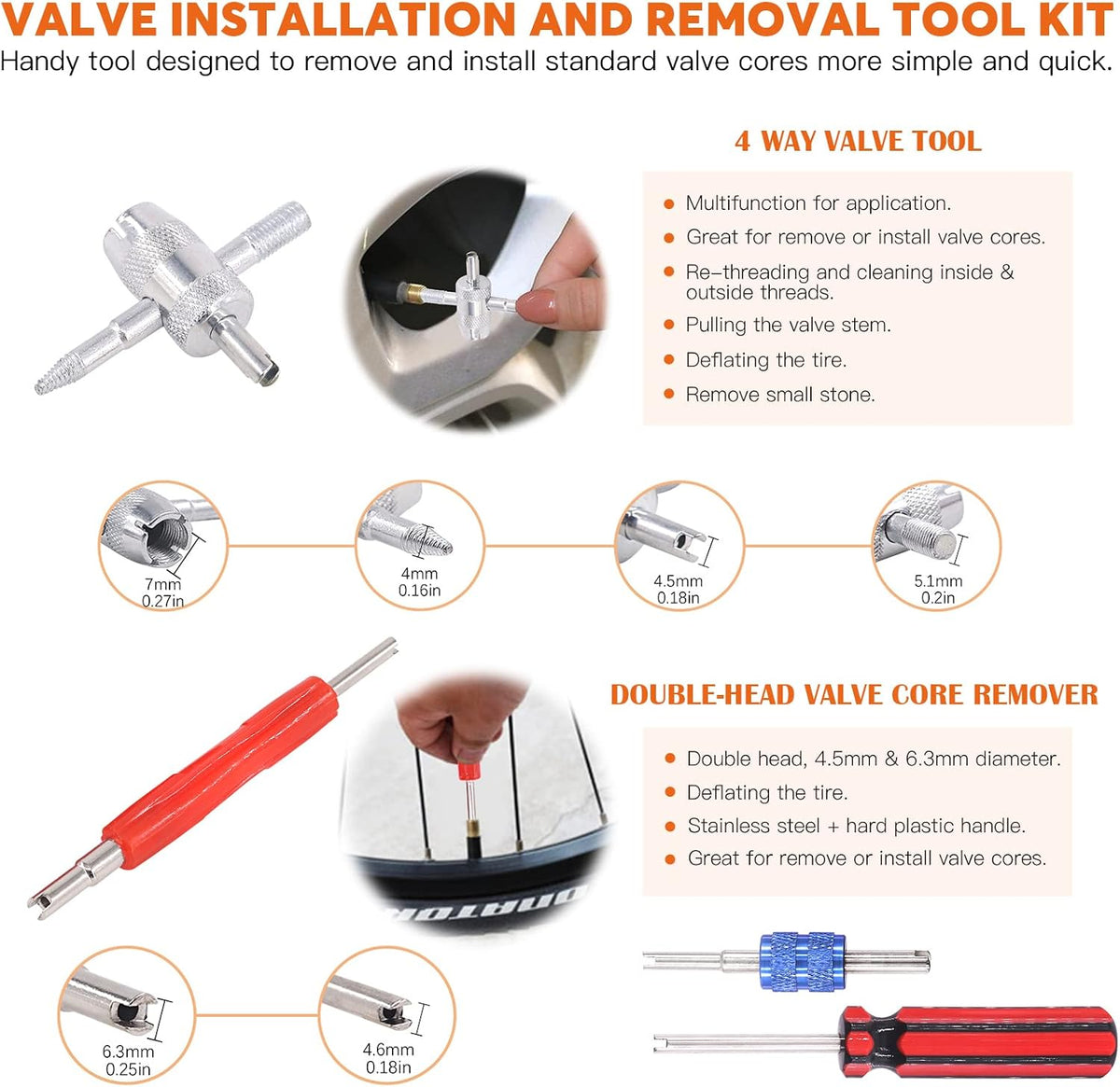 119Pc Valve Core Remover Tools with Aluminum Tire Stem Caps
