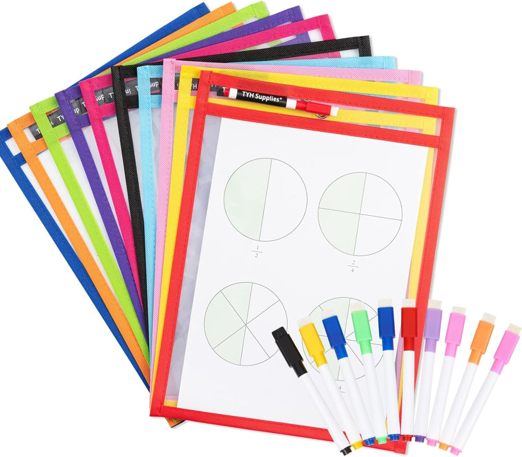 Dry Erase Pockets, 10 Pack Oversized 10 x 14 Reusable Sleeves for 8.5 x 11 Worksheets