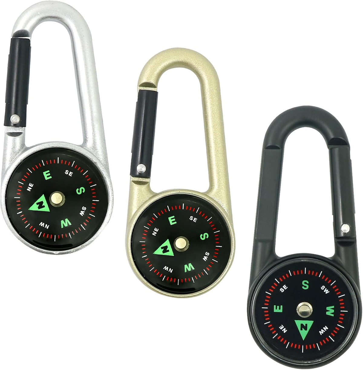 3 pcs Small Liquid Filled Compass Carabiner Keychain Lanyard Hook Survival Kit for