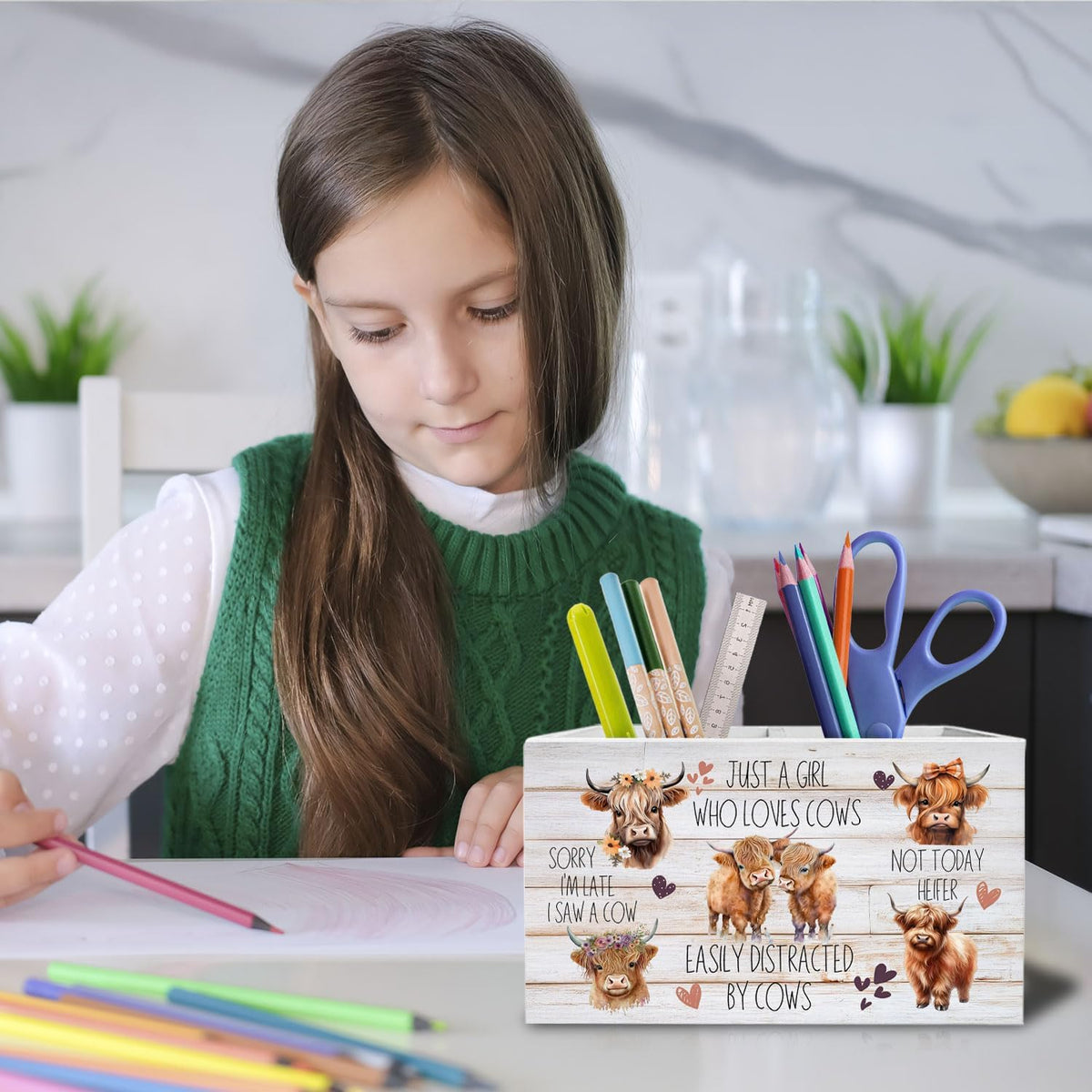 Highland Cow Pen Holder for Desk, Funny Easily Distracted by Cows Pencil Organizer