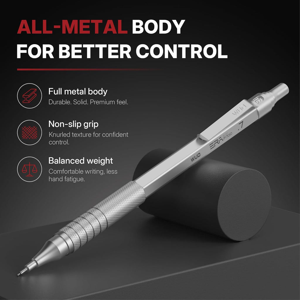 WUO Mechanical Pencil Set, 4 Pack 0.5mm & 0.7mm Metal Drafting Pencils