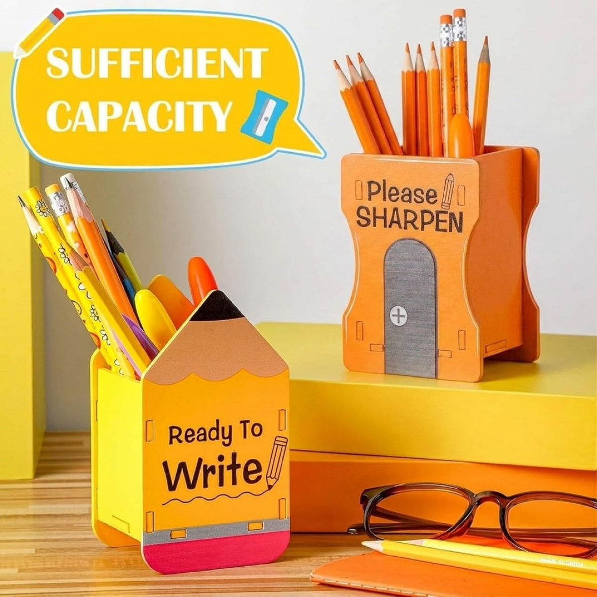 Sherr 2 Pcs Wood Pencil Holder Desk, Pencil and Sharpener, Yellow and Orange