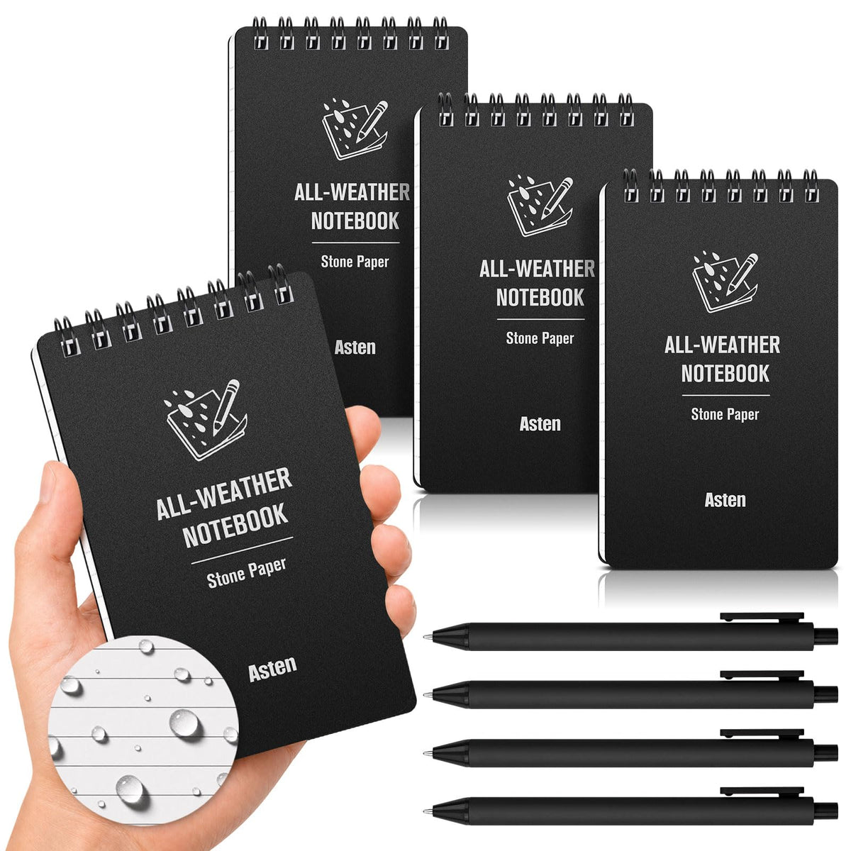 Asten Small Notebook Waterproof Notepad: 3" x 5" Top Spiral Notebook 4 Pack