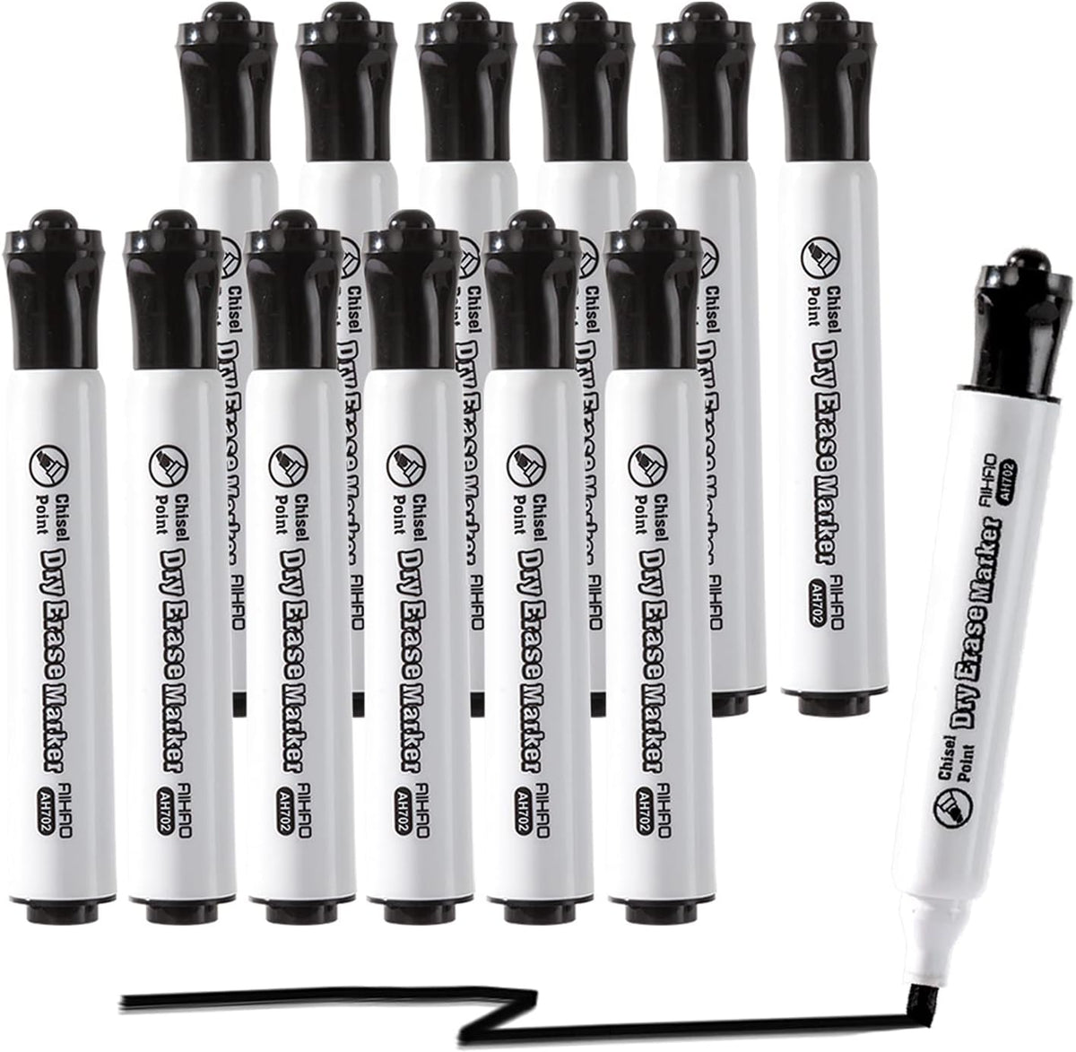 AIHAO Black Dry Erase Markers, Chisel Tip Marker, Low Odor, Pack of 12, Large Ink Supply