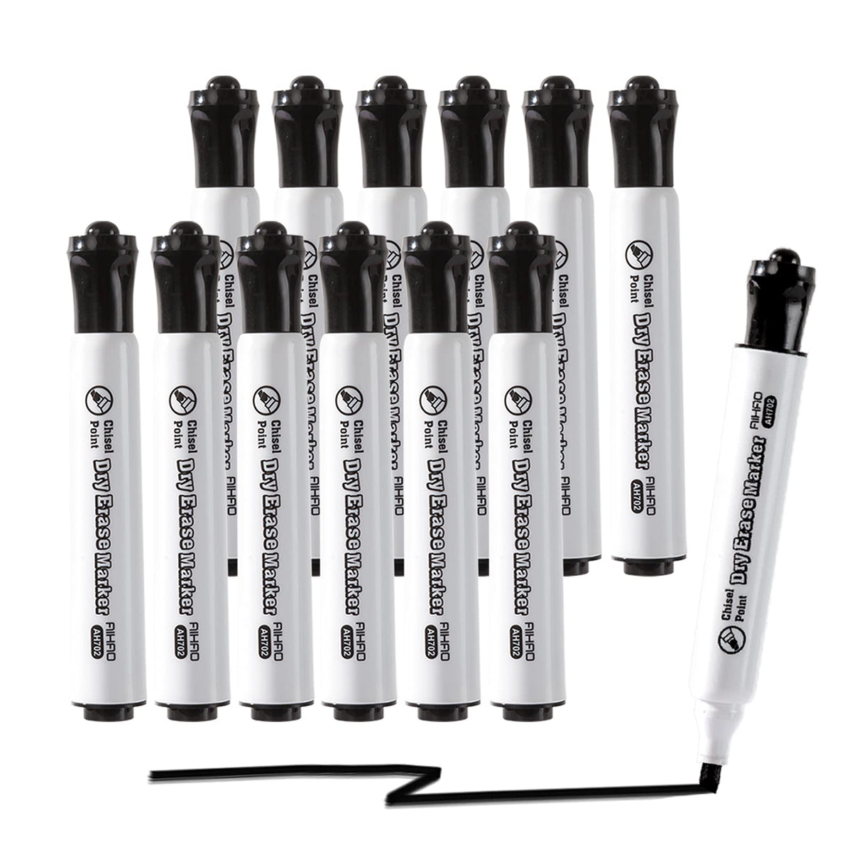 AIHAO Black Dry Erase Markers, Chisel Tip Marker, Low Odor, Pack of 12, Large Ink Supply