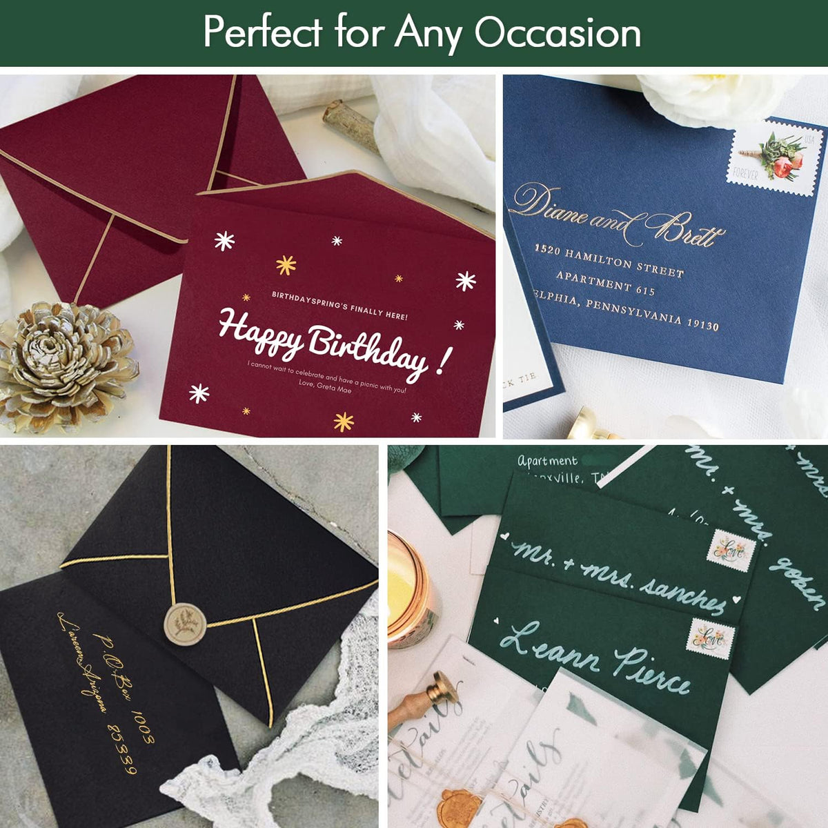 A6 Green Envelopes With Gold Border 4 x 6 - V flap, Quick Self Seal