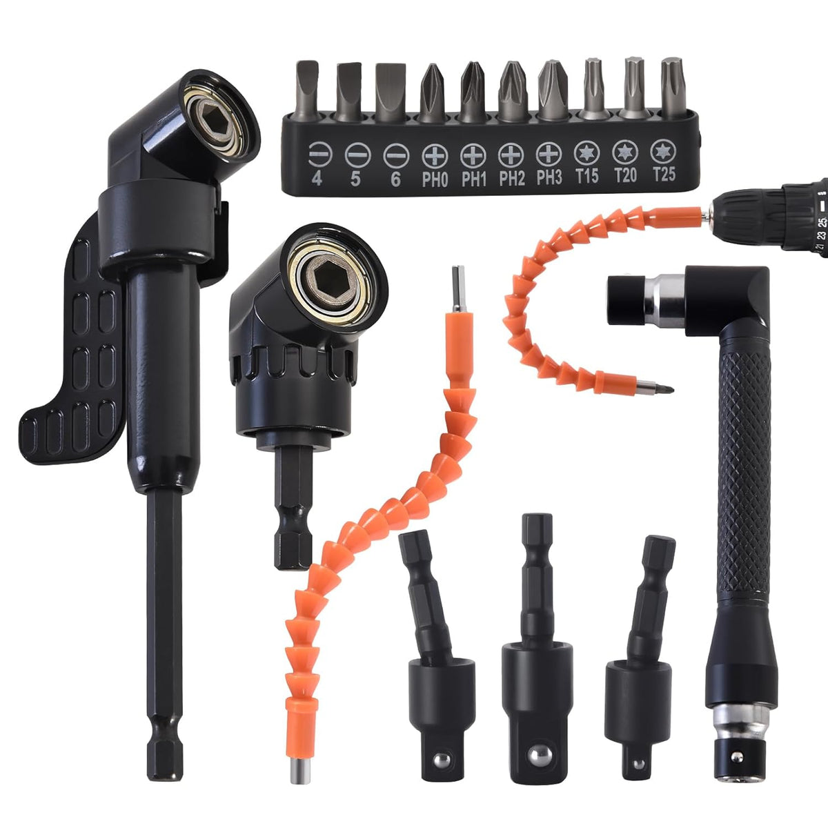17Pcs Flexible Drill Bit Extension Kit, 1/4" 3/8" 1/2" Adapters