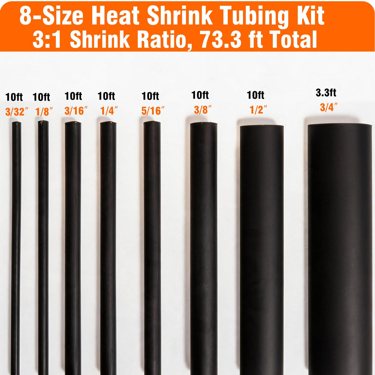8 -Size Heat Shrink Tubing Kit – 3:1 Shrink Ratio, 73.3 ft Total, Flame Retardant