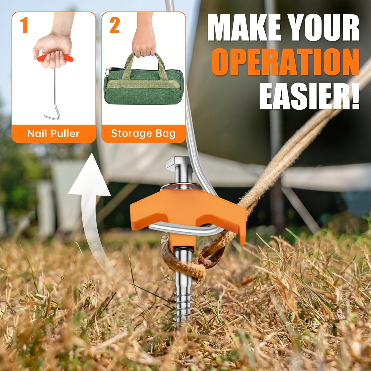 10 Pack 8 Inch Tent Stakes Heavy Duty, Screw in Tent Stakes with Storage Bag and Hex Head