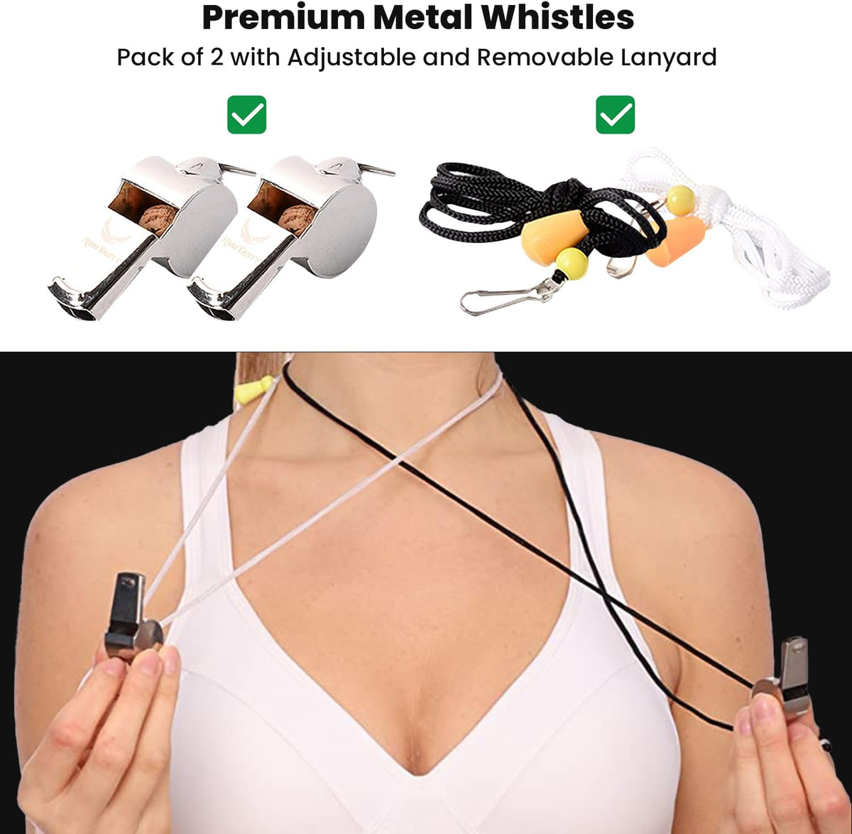 Runtasty Essential Metal Safety Whistle 2-Pack with Adjustable & Removable Lanyard –