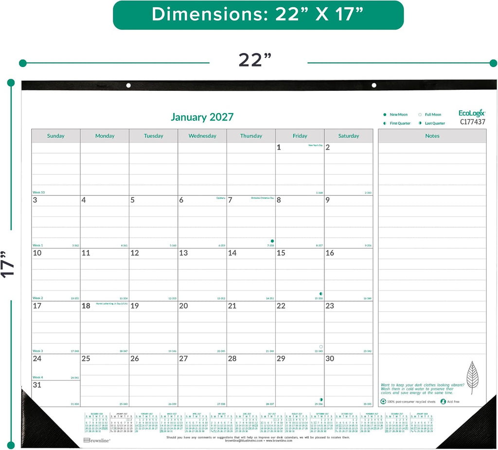 Brownline® 2027 EcoLogix® Monthly Desk Pad Calendar, 12 Months, January to December