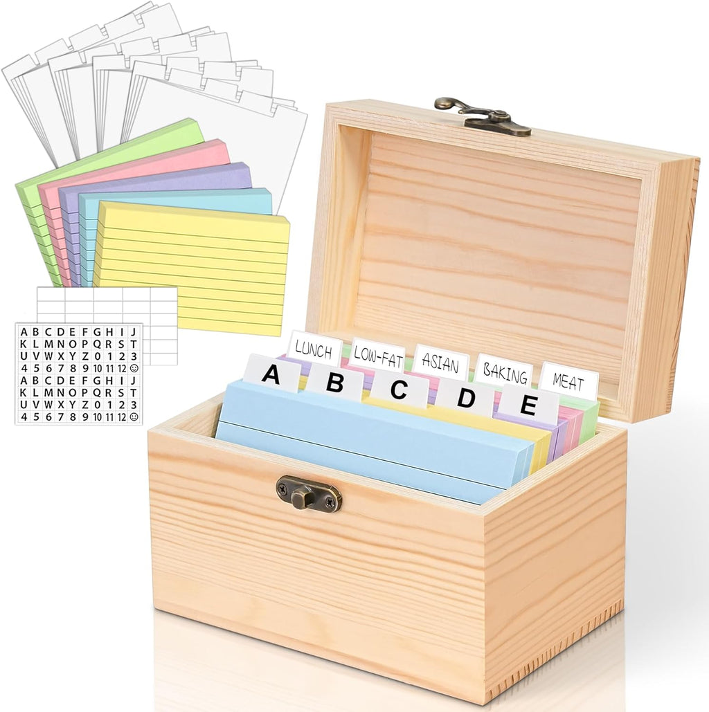 3x5 Wood Index Card Holder Box Set with 100 Flash Cards and 30 Dividers