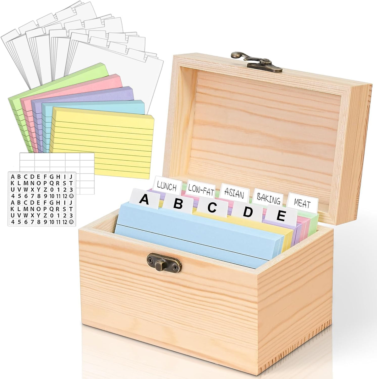 3x5 Wood Index Card Holder Box Set with 100 Flash Cards and 30 Dividers