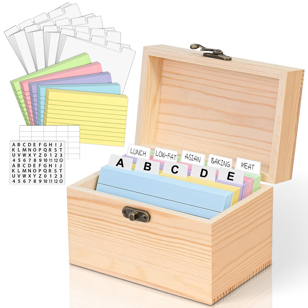 3x5 Wood Index Card Holder Box Set with 100 Flash Cards and 30 Dividers